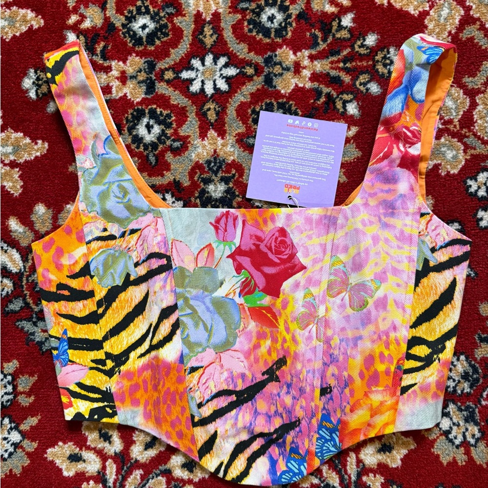 Elsie&Fred Denim Floral Animal Print Corset Top